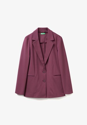 Dunkelpflaumenfarbener Blazer aus glattem Stoff, mit aufgesetztem Revers, zwei Knopfverschluss und zwei Vordertaschen mit Paspelierungen.