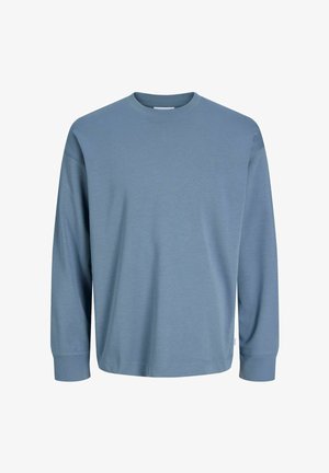 Hellblaues Sweatshirt mit langen Ärmeln aus weichem Stoff, mit Rundhalsausschnitt und gerippten Bündchen. Verfügt über eine lockere Passform und ein minimalistisches Design.