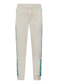 Beige joggingbroek met aqua blinde strepen en tekst. Gemaakt van zacht materiaal, heeft een elastische tailleband met een trekkoord en geribbelde manchetten.