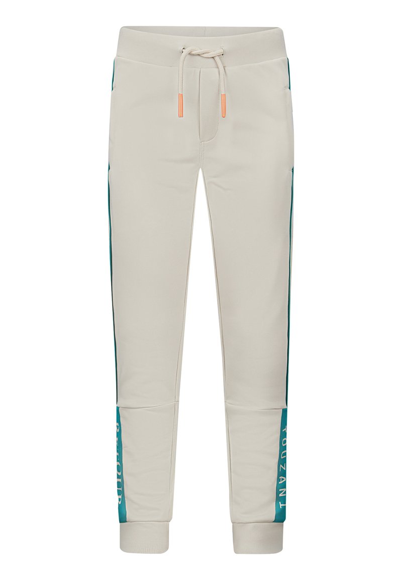 Beige joggingbroek met aqua blinde strepen en tekst. Gemaakt van zacht materiaal, heeft een elastische tailleband met een trekkoord en geribbelde manchetten.
