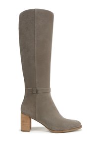 Gray suede knee-high boot with a rounded toe, a subtle strap and buckle detail, and a textured block heel. Soft texture and sleek design.