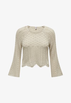 Megzta trumpa megztinis, smėlio spalvos, su banguota apatine dalimi, varpo formos rankovėmis ir tekstūruota zigzago raštu visame paviršiuje.