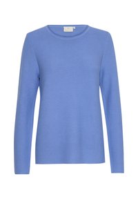 Blauer Langarmpullover aus geripptem Strickstoff. Verfügt über einen Rundhalsausschnitt und eine gerade Schnittform, ohne zusätzliche Verzierungen.