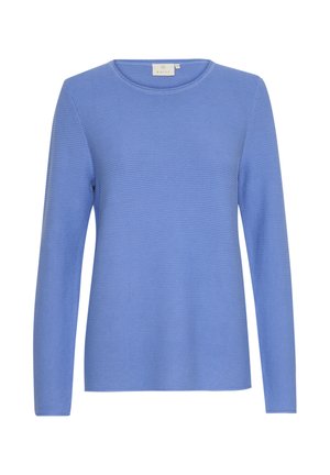 Maglione blu a maniche lunghe realizzato in tessuto a costine. Presenta un collo a giro e una vestibilità dritta, senza ulteriori decorazioni.