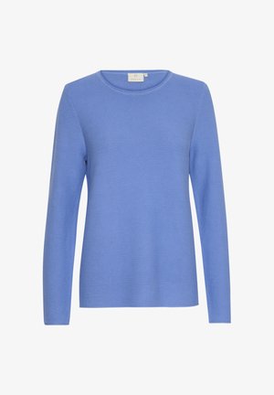 Pull bleu à manches longues en tricot côtelé. Présente un col rond et une coupe droite, sans embellissements supplémentaires.