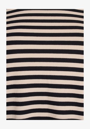 Rippstrickstoff in abwechselndem creme- und schwarzem horizontalem Streifenmuster, mit weicher Textur und gleichmäßiger Breite.