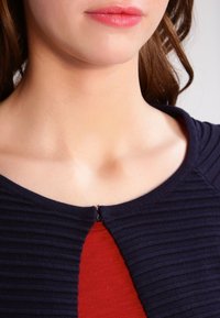 Námořnický žebrovaný svetr s kulatým výstřihem, s předním zapínáním na zip. Pod ním je vidět červená látka.