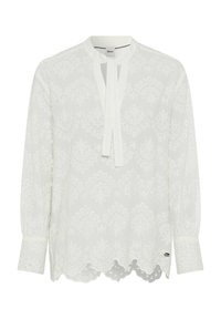 Weißes Bluse aus durchsichtigem Stoff, verfeinertes Paisley-Muster, Stehkragen und Bindeband. Wellenförmiger Saum und gestickte Akzente an den Ärmeln.