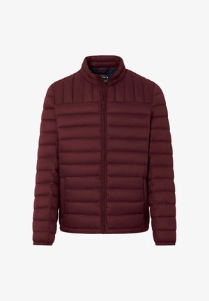 Bordeaux kleurige gewatteerde pufferjack met volledige rits aan de voorkant en hoge kraag, ontworpen voor lichte warmte en casual gebruik.