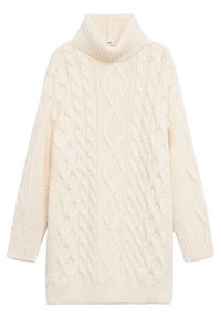 Kermanvärinen yliasti tynn neulepaita korkealla kauluksella, jossa on kaapeli kudontakuviot ja ribbikujat, valmistettu teksturoidusta neulekankaasta.