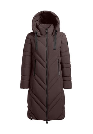 Braune Daunenjacke mit Kapuze, ausgestattet mit Chevron-Steppung, zwei seitlichen Reißverschlusstaschen und verstellbaren Kordeln an der Kapuze und dem Kragen.