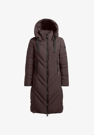 Braune Daunenjacke mit Kapuze, ausgestattet mit Chevron-Steppung, zwei seitlichen Reißverschlusstaschen und verstellbaren Kordeln an der Kapuze und dem Kragen.