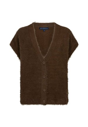 Bruine pluizige korte mouwen cardigan met V-hals en vier knoppen aan de voorkant in kleine maat.