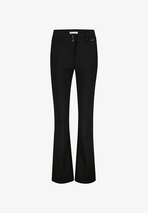 Sorte flagrende bukser lavet af glat stof, med to frontknapper, forlommer og et slankt design med minimale hardwaredetaljer.