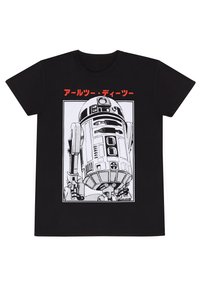 Černé bavlněné tričko s grafickým potiskem robota v černobílé barvě se středověkým japonským textem nad ním. Klasický design s kruhovým výstřihem.