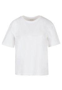 T-shirt en coton blanc à manches courtes, col rond et coupe ample. Texture lisse, sans motifs ni accents, ourlet droit.