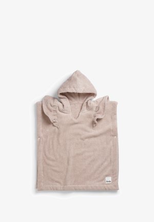 Poncho con cappuccio in morbido tessuto rosa chiaro. Presenta dettagli arricciati sulle maniche e un'etichetta in basso con il nome del marchio.