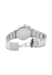 Reloj de acero inoxidable plateado con un acabado pulido, caja redonda y brazalete de eslabones. Cuenta con un cierre suave y un diseño sencillo en la parte trasera.