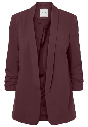 Ciemnobordowa marynarka damska z marszczonymi rękawami do połowy przedramienia, otwartym przodem i gładkim, satynowym wnętrzem, oznaczona metką "Pieces".