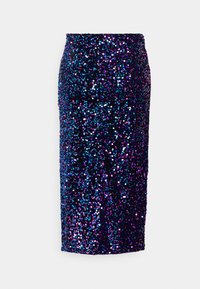 Jupe crayon midi taille haute recouverte de sequins irisés bleus et violets, coupe droite, sans fermetures visibles.