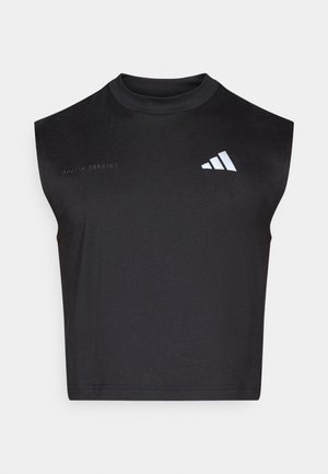 Haut de sport noir sans manches en tissu lisse. Présente un col rond, un logo Adidas réfléchissant et le texte "Adidas Running".