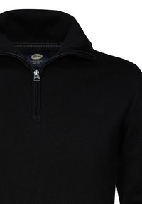 Schwarzer Pullover mit Reißverschluss und strukturierter Ripp-Textur, aus weichem Stoff und mit einem kontrastierenden gestreiften Innenkragen. Verfügt über einen metallischen Reißverschluss.