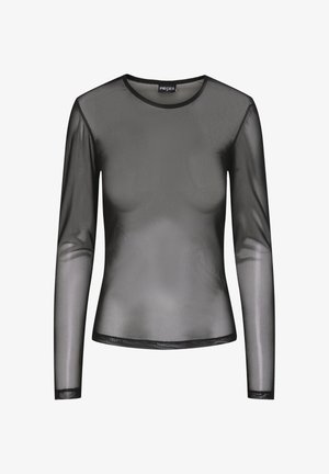 Must pikkade varrukatega võrkkangas ümmarguse kaelusega, läbipaistvast kangast ja keha järgiva lõikega. Servad on viimistletud musta õmblusega.