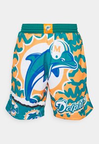 Pantaloni sportivi da uomo con logo dei Miami Dolphins in teal, arancio e bianco, un delfino con elmetto e un motivo a zigzag.