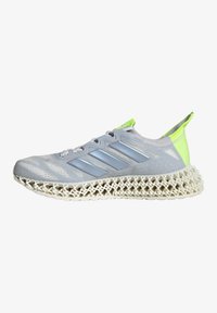 Sneaker grigia con tre strisce blu, tomaia in rete leggera, accenti verde brillante e una distintiva suola intermedia a rete bianca per l'ammortizzazione.