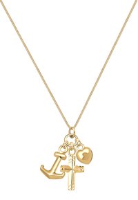 Collier en métal doré avec trois pendentifs : une ancre, une croix et un cœur, présentant des textures lisses et des finitions polies sur chaque pendentif.