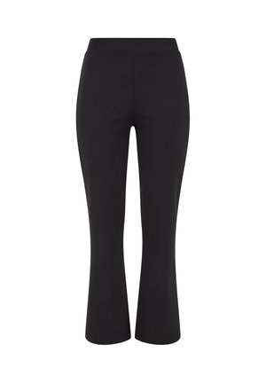 Black high-waist, fitted pants with a slight flare at the bottom, displayed against a white background.