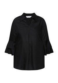 Schwarze Bluse mit einem kragenähnlichen Ausschnitt und einem V-förmigen Cut. Sie hat geschichtete Rüschensäume und eine glatte, glänzende Stoffoberfläche.