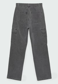 Gray cotton cargo pants with a straight fit, featuring two side pockets, two back pockets, and a textured finish.