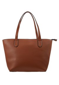 Hnědá kožená taška přes rameno se dvěma horními uchy, strukturovaný tvar a hladká textura. S kontrastními černými akcenty podél okrajů.