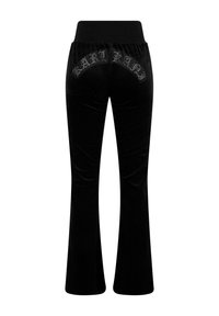 Mustad sametist laienevad püksid elastse vöökohtaga ja metallist rhinestone kirjamisega "KARL LAGERFELD" seljal. Sile tekstuur.