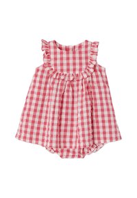 Pink and white gingham dress with ruffled neckline, sleeveless design, gathered front, and attached bloomers. Soft cotton fabric.