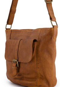 Brown leather shoulder bag with a flat design, adjustable strap, flap closure, and metal buckle detail. Textured surface with subtle variations.