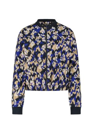 Geknipte bomberjack met zwarte manchet en kraag, blauw, beige, zwart en wit abstract bloemmotief, en een rits aan de voorkant.