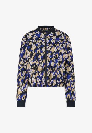 Geknipte bomberjack met zwarte manchet en kraag, blauw, beige, zwart en wit abstract bloemmotief, en een rits aan de voorkant.