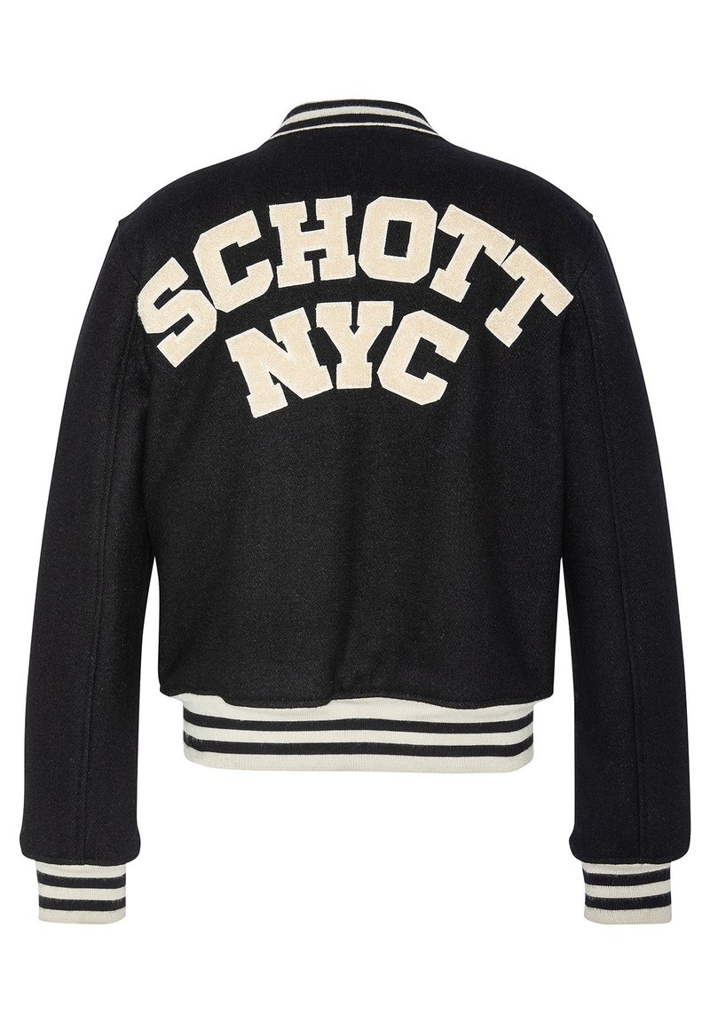 Veste universitaire en laine noire avec des lettres crème "SCHOTT NYC" dans le dos, poignets côtelés rayés et taille côtelée. Finition en tissu texturé.