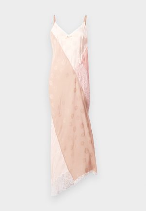 Rose quartz slip dress with adjustable straps, featuring a mix of smooth satin and lace textures, a diagonal color-block design, and lace trim.