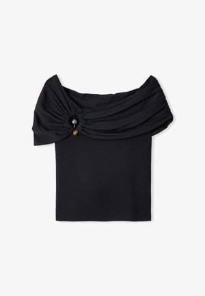 Schwarzes schulterfreies Oberteil aus strukturiertem Material, mit einem gerafften Abschnitt und dekorativem Knopfdetail. Glattes, eng anliegendes Design.