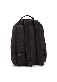 Black backpack with a geometric pattern, fabric material, padded back, adjustable straps, and side pockets for storage.