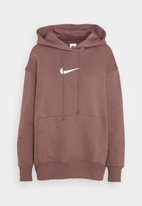 Mauve-brun Nike hoodie med vit swoosh-logga, framficka i känguru-stil, dragsko i huvan och ribbad mudd och nederkant.