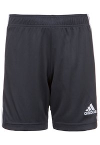 Zwarte sportshorts van glad, lichtgewicht materiaal met een elastische tailleband en witte zijkanten. Inclusief Adidas-logo.
