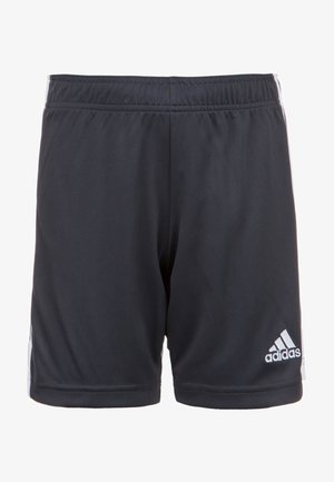 Zwarte sportshorts van glad, lichtgewicht materiaal met een elastische tailleband en witte zijkanten. Inclusief Adidas-logo.
