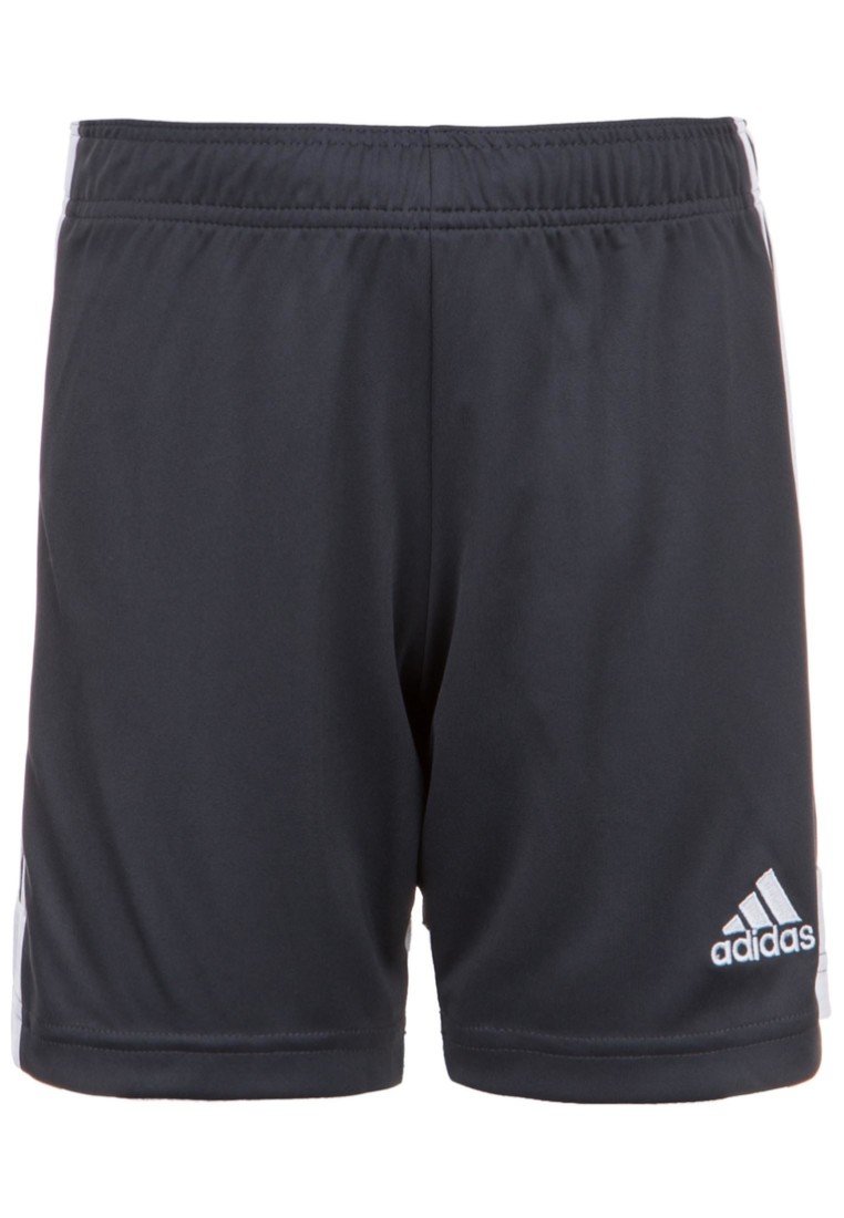 Zwarte sportshorts van glad, lichtgewicht materiaal met een elastische tailleband en witte zijkanten. Inclusief Adidas-logo.