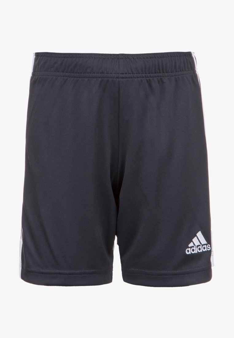Schwarze Sportshorts aus glattem, leichtem Stoff mit einem elastischen Bund und weißen Seitenelementen. Mit Adidas-Logo.