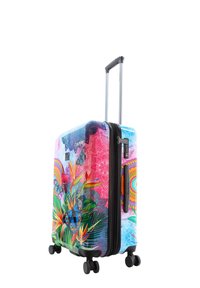 Hard-shell suitcase with a vibrant floral and butterfly pattern, predominantly pink and blue. Features a retractable handle and four wheels.