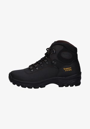 Black hiking boots with a textured leather upper, rubber sole, metal hardware, and a logo marked "Support SYSTEM" in yellow.